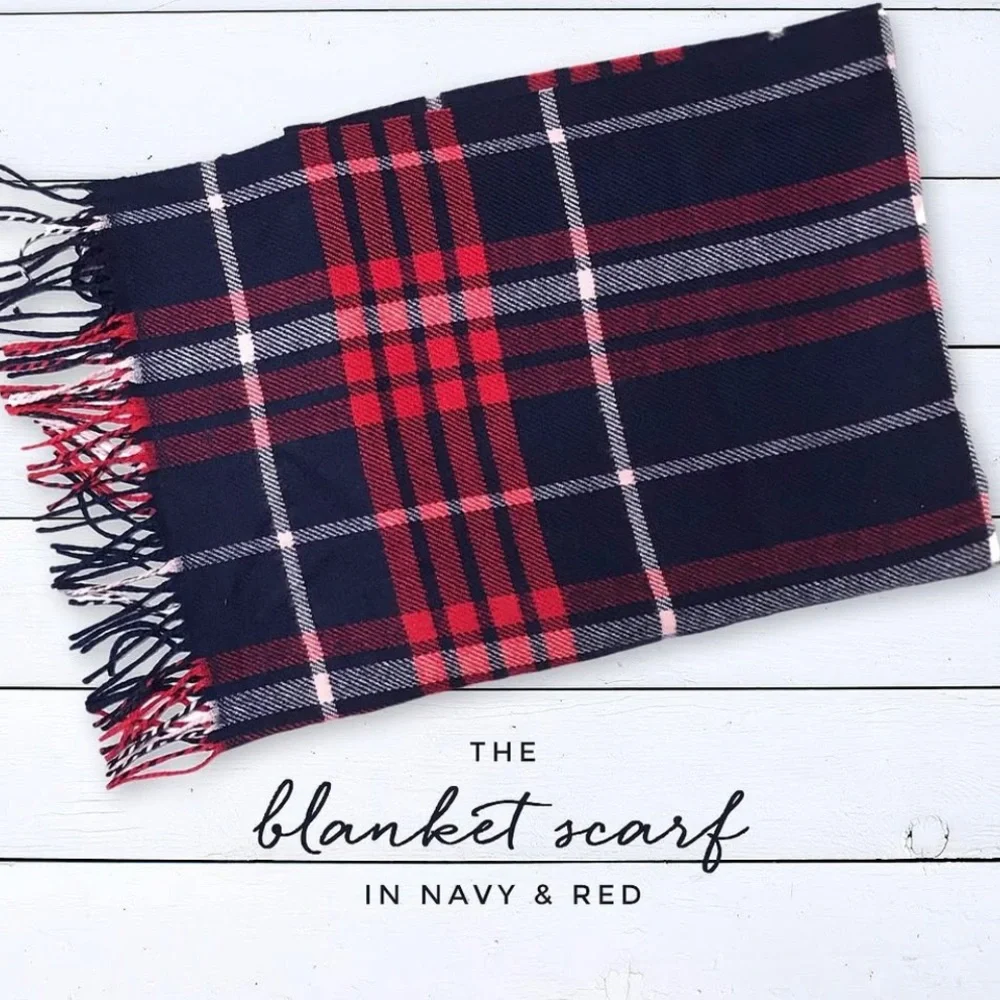 NWT. Evy’s Tree Navy & Red Plaid Blanket Scarf- OS